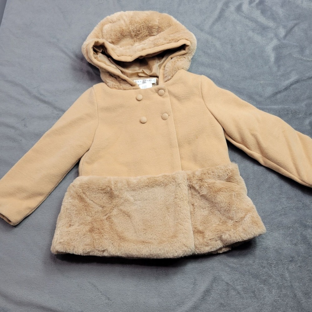 Max Studio Kids Faux Fur Trim Hooded Coat Beige 2T Polyester & Elastane
